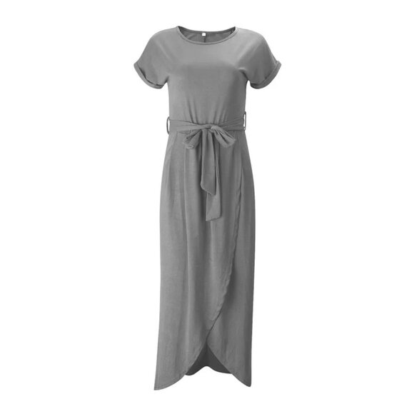 2/$40 Grey Midi Belted Dress Short Sleeve Casual Wrap Front Casual Summer Dress - Picture 4 of 6